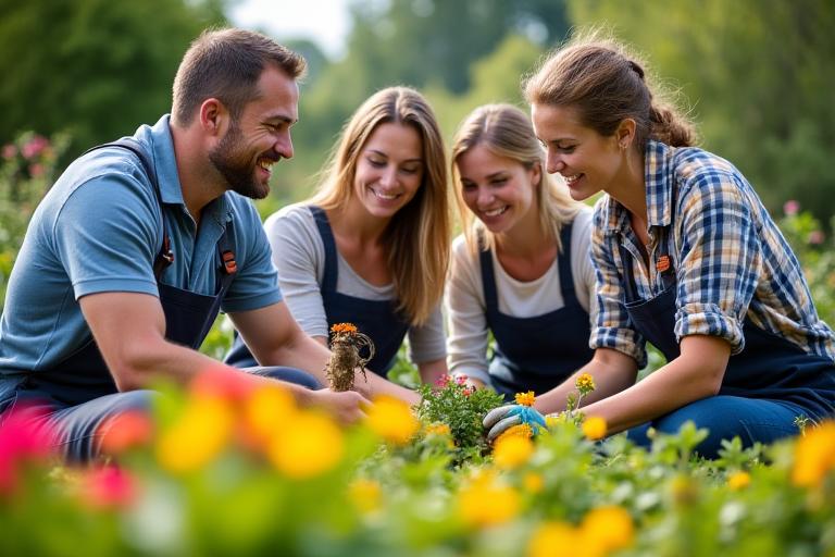 GreenThumb Landscaping team working together in a beautiful garden, symbolizing passion and professionalism.