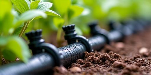 Close-up of a neatly installed drip irrigation system in a garden bed