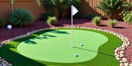 Small artificial turf putting green in a residential backyard