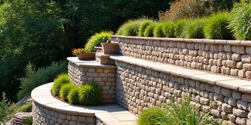 Gabion stone retaining wall with a landscaped terraced garden