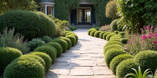 Curved stone walkway leading to a garden entrance
