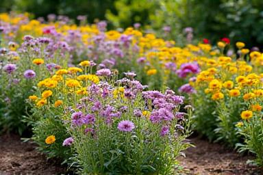Colorful flower garden with various plants and blooming flowers
