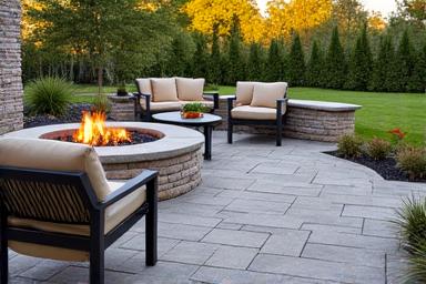 Elegant paver patio with a fire pit and seating area