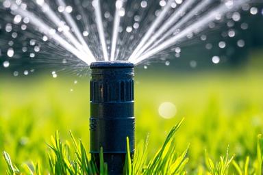 Automated sprinkler system watering a vibrant green lawn