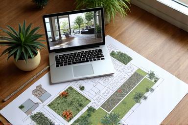 Detailed landscape design plan with 3D rendering and plant selections