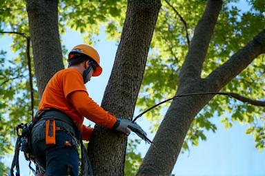 Professional arborist carefully pruning a large tree branch